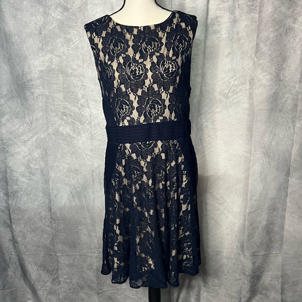 Dress Barn DB Fit & Flare Lace Dress with Navy Over Nude - size 16